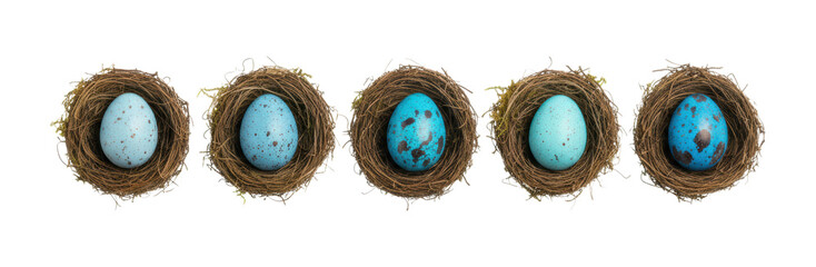 Obraz premium Five small bird nests with single blue speckled eggs are arranged in a neat horizontal row, showcasing natural variations in color and pattern for a spring or Easter theme