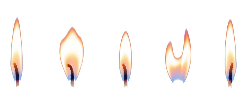 Set of five burning candle flames with different shapes and movements showing the dynamic nature of fire, with warm yellow, orange, and blue glowing light from the wicks