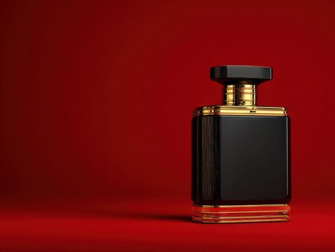 black and gold luxury perfume bottle isolated on a red background