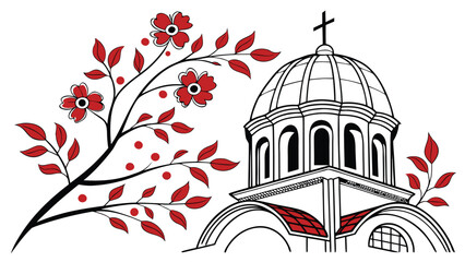 Romanian church dome with red floral branches and cross © CDMIZAN