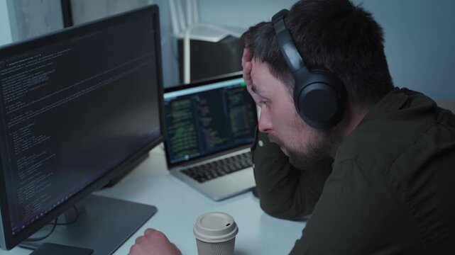 Tired male programmer working late at night in a home office, writing code on computer screens while drinking coffee. Concept of overtime, remote work, deadline stress, and IT professional lifestyle.