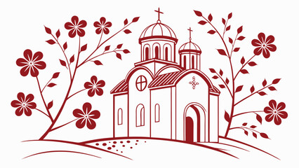 Red silhouette of orthodox church with flowers and trees © CDMIZAN