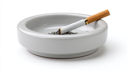 Cigarette and ash in simple ceramic ashtray isolated on white, suitable for anti-smoking campaigns and product photography