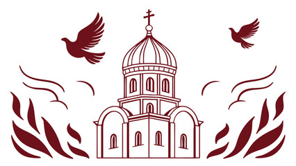Orthodox church poster with dome and flying doves church dome cross flames © Vector Art