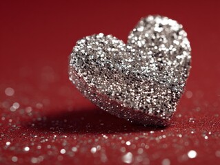 Obraz premium silver glitter heart macro isolated on a red background