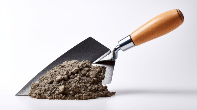 Close-up of masonry trowel stuck in fresh cement on clean white background, great for home renovation and builder advertisements 
