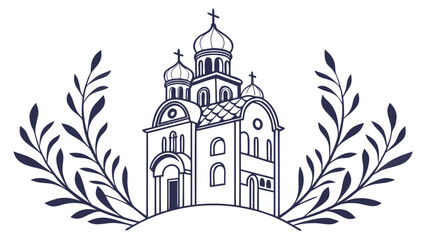 Orthodox church building with domes and crosses surrounded by laurel branches © Khaleda