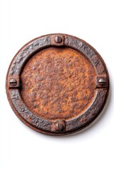 Fototapeta premium Weathered rusty manhole cover with strong grunge look, isolated on white background, perfect for vintage or industrial style product packaging 