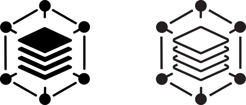 Logo design showing a layered structure connected by nodes and circles for a tech or network-related concept