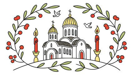 Orthodox church with golden domes and candles surrounded by greenery and red berries © Vector Art