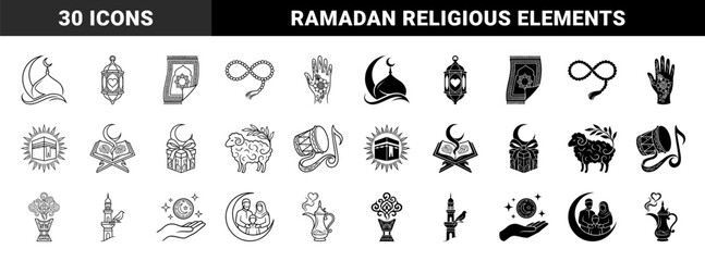Fototapeta premium Islamic religious symbols combining crescent moon with mosque architecture kaaba pilgrimage sheep sacrifice quran book and prayer rug in outline and solid style