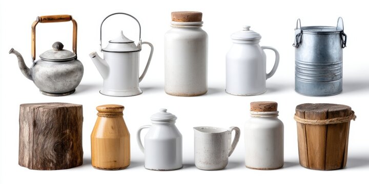 Collection of rustic antique items like enamel teapots and vintage milk cans, isolated on white, great for cafe or restaurant branding with a classic touch 