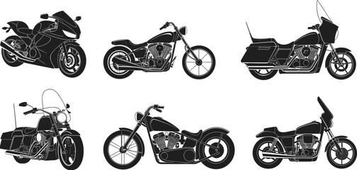 Set of motorcycle silhouettes icons, diverse motorbike shapes including chopper cruiser and sport bike, vector transport elements for automotive design. © MstTahera