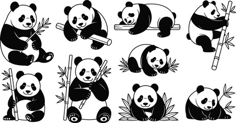 Set of cute panda bear illustrations and silhouettes, giant pandas with bamboo leaves, various animal poses for wildlife nature design. © MstTahera