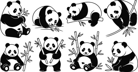 Set of cute panda bear illustrations and silhouettes, giant pandas with bamboo leaves, various animal poses for wildlife nature design. © MstTahera