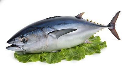 Obraz premium Fresh tuna fish placed on a bed of crisp green lettuce leaves against a white background