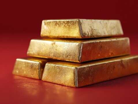 gold bar stack close up isolated on a red background