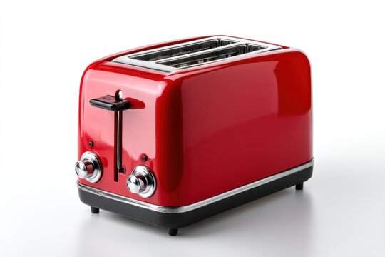 Minimalist red toaster with adjustable browning settings, isolated on white, ideal for product showcases or e-commerce photography 