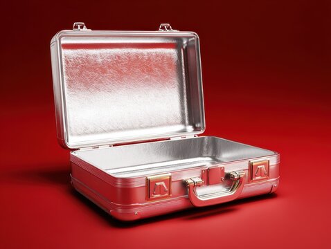 silver metallic briefcase open isolated on a red background