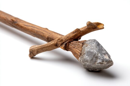 Primitive arrow made of wood and flint, isolated on white background, symbolizing prehistoric tools and early human survival techniques 