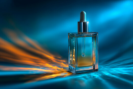 Suero facial premium en botella con gotero fondo vibrante, lujo cosm&eacute;tico para el cuidado de la piel, botella gotero de belleza de alta gama para el cuidado facial