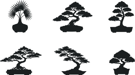 Obraz premium Bonsai tree silhouette collection in decorative pots isolated on white background, Japanese miniature plant vector illustration set for garden design