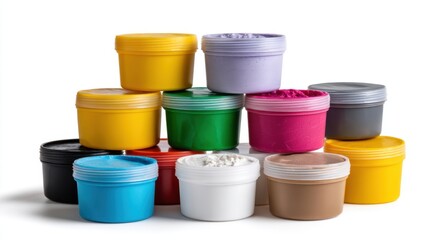 Set of soft modeling clay in plastic containers with lids, isolated on white, suitable for preschool marketing and craft product designs 