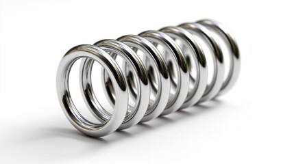 Shiny silver metal spring isolated on white background, ideal for mechanical parts catalogs, repair manuals, and engineering visuals 