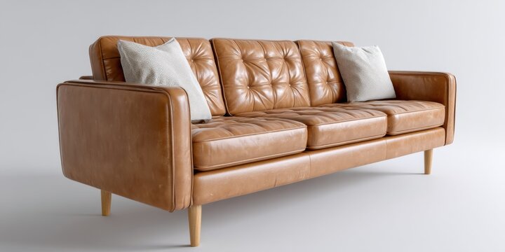 Top angle of retro-style caramel leather couch on white, great for vintage-inspired interior visuals and creative studio branding 
