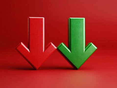 red arrow down green arrow up comparison isolated on a red background