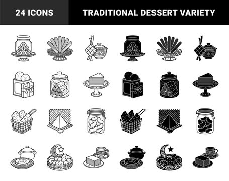 Traditional Southeast Asian Festive Snacks and Desserts Featuring Dual Outline Solid Hybrid Style with Ketupat Kuih Lapis and Jar Elements