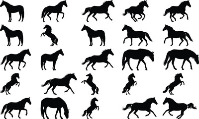 Fototapeta premium Compilation of horse silhouettes showing dynamic poses like rearing, running, and grazing, ideal for creating striking animal-themed visuals.