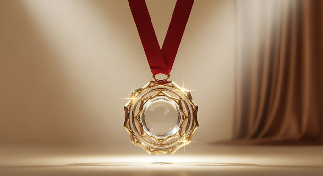 gold medal with red ribbon hanging on beige background with curtains