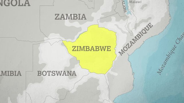 Basemap with a Zoom of the Zimbabwe Highlighted in Yellow. World Map Animation