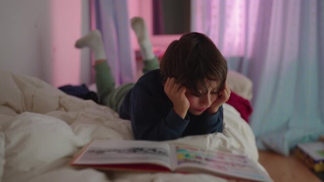 Young boy lying on stomach on bed reading open picture book near window at night, absorbed expression and peaceful bedtime moment in family home