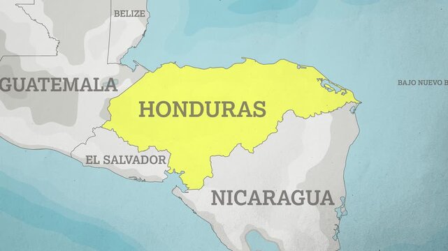 Basemap with a Zoom of the Honduras Highlighted in Yellow. Generic World Map Animation