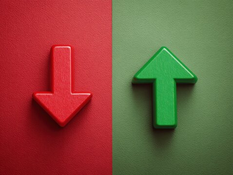 red arrow down green arrow up comparison isolated on a red background