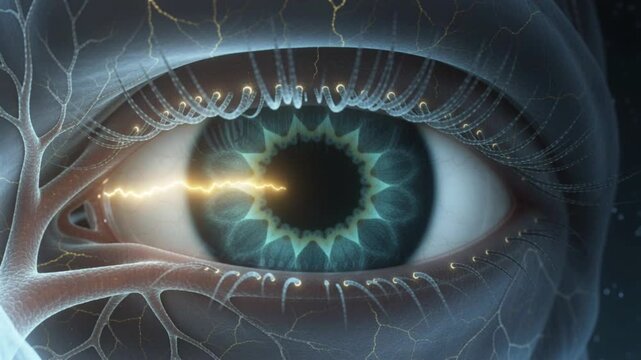 Abstract cybernetic eye neural network with glowing light impulses