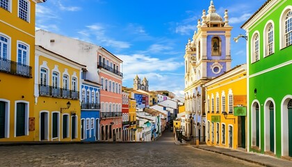 Fototapeta premium Colorful colonial buildings line a cobblestone street leading to a historic church under a blue sky. Salvador, Bahia, Brazil