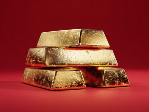 gold bar stack close up isolated on a red background