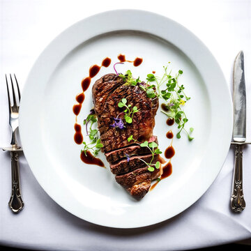 Gourmet grilled steak with sauce and microgreens on a white plate