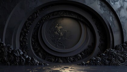 Mysterious dark tunnel with layered arches and glowing center abstract background