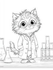 Adorable Coloring Page for Kids Featuring a Cute Cartoon Fluffy Cat Wearing a Lab Coat, Science Goggles Standing in a Laboratory with Glass Flasks and Test Tubes on a Desk Isolated on White Background