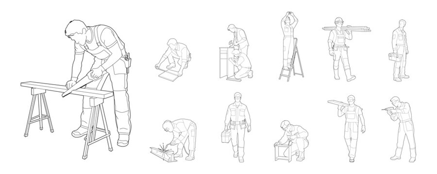 builders create shapes in lines, architectural design style, without background. Construction workers