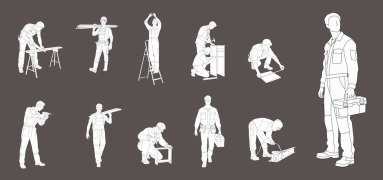 Drawings of construction workers, builders and assemblers, electricians and carpenters