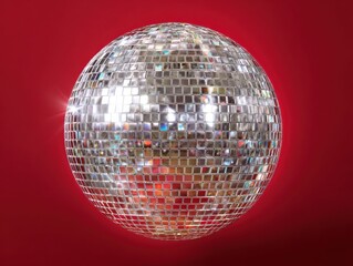 silver disco ball with light reflections isolated on a red background