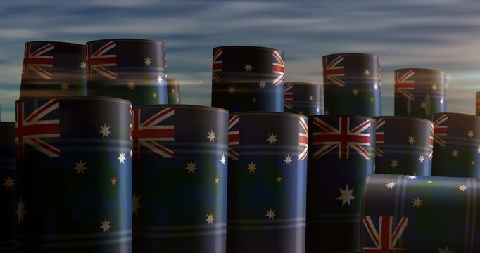 Australia oil business and fuel extraction barrels in row concept. Australian petrol industrial metal containers.