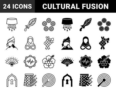 Hybrid cultural heritage and digital integration icons featuring malay traditional motifs merged with technology circuits mountains and geometric patterns