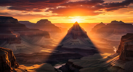 Dramatic sunset casts long shadows across the vast Grand Canyon landscape