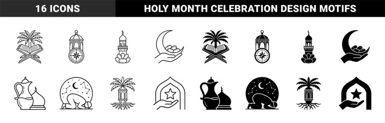 Obraz premium Islamic heritage symbol collection featuring hybrid motifs merging quran with palm tree crescent moon with dates and mosque minaret with ramadan lantern
